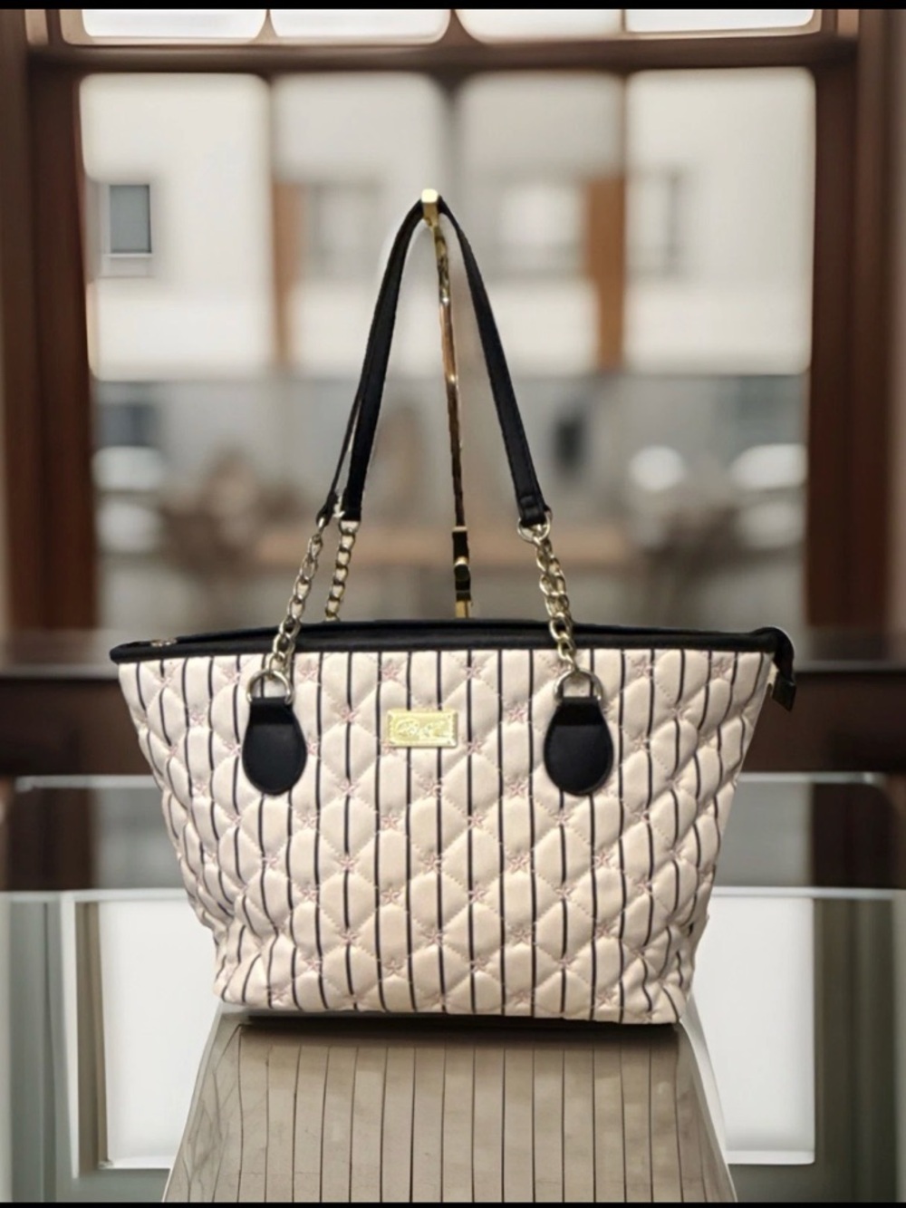 Luv Betsey by Betsey Johnson Tote Bag Star Quilted Pinstripe Cream Pink Black MC